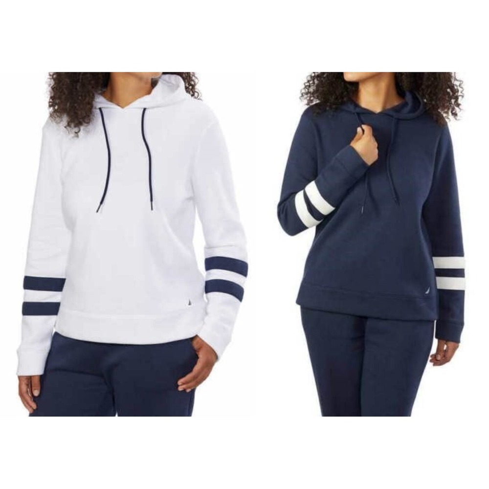 Nautica Womens Sueded Fleece Long Sleeve Pullover Hoodie Navy White SW100
